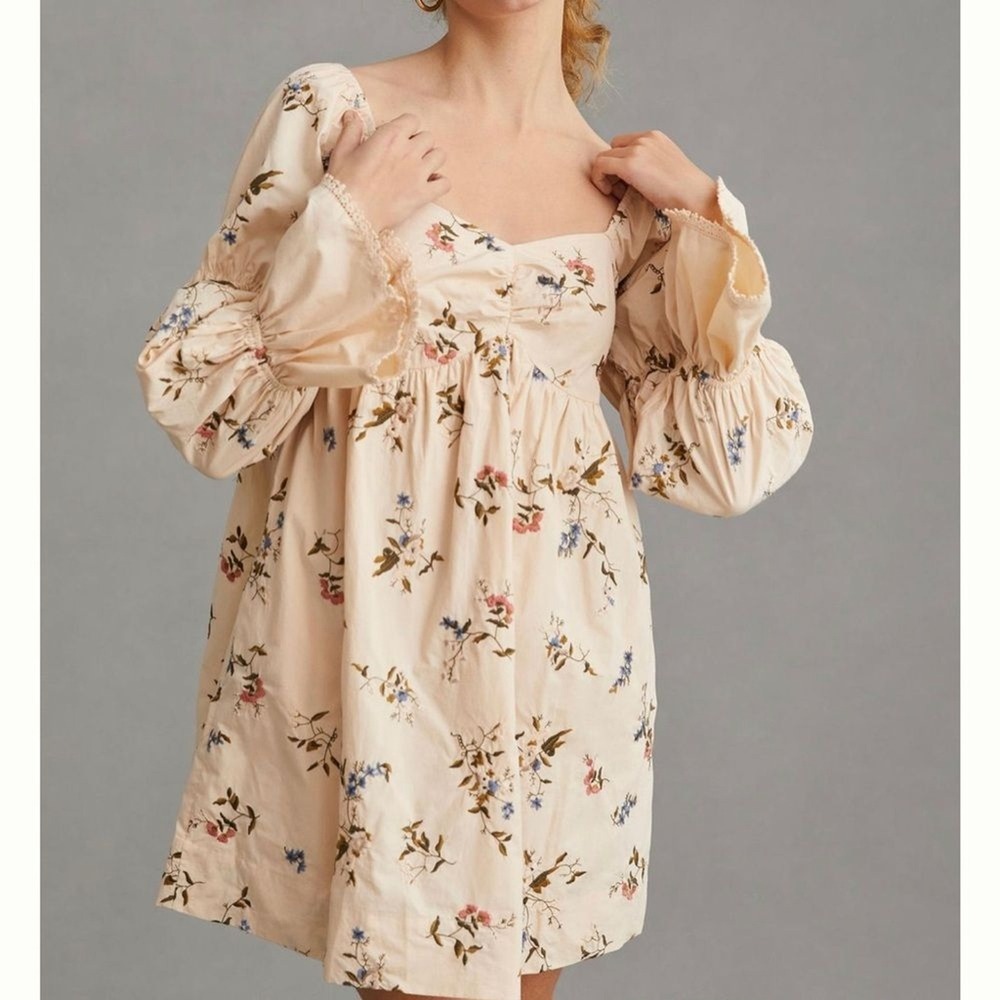 Anthropologie embroidered long sleeve mini floral peasant baby doll dress XS - Picture 2 of 15